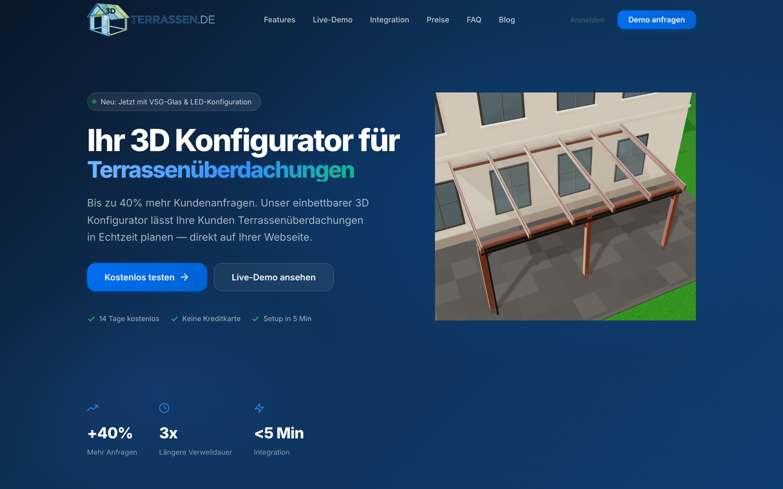 Startseite von 3d-terrassen.de live mit dem 3D-Konfigurator im Hero.