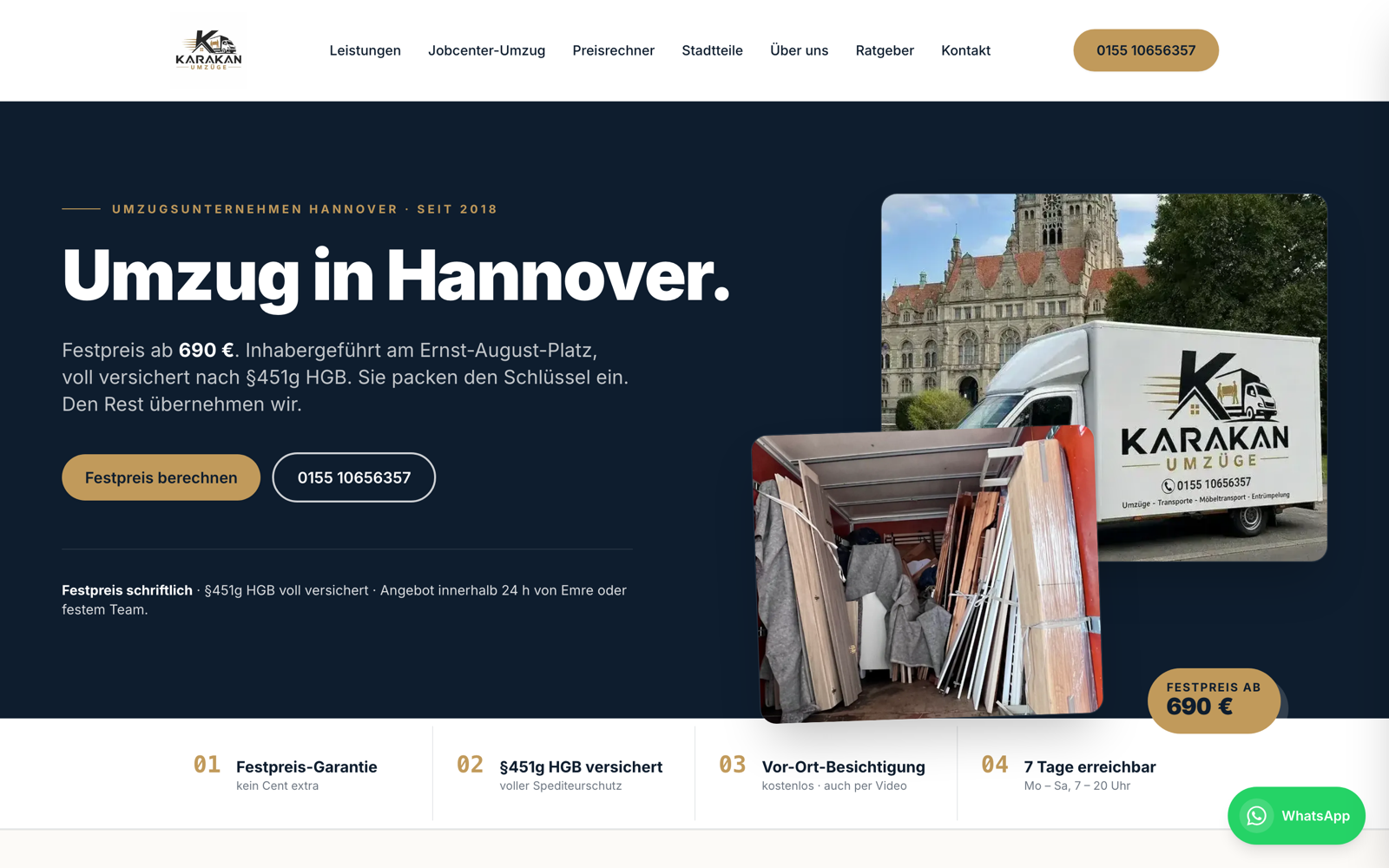 Startseite von karakan-umzuege.de, Hero des Hannover-Funnels, aufgenommen im Betrieb.