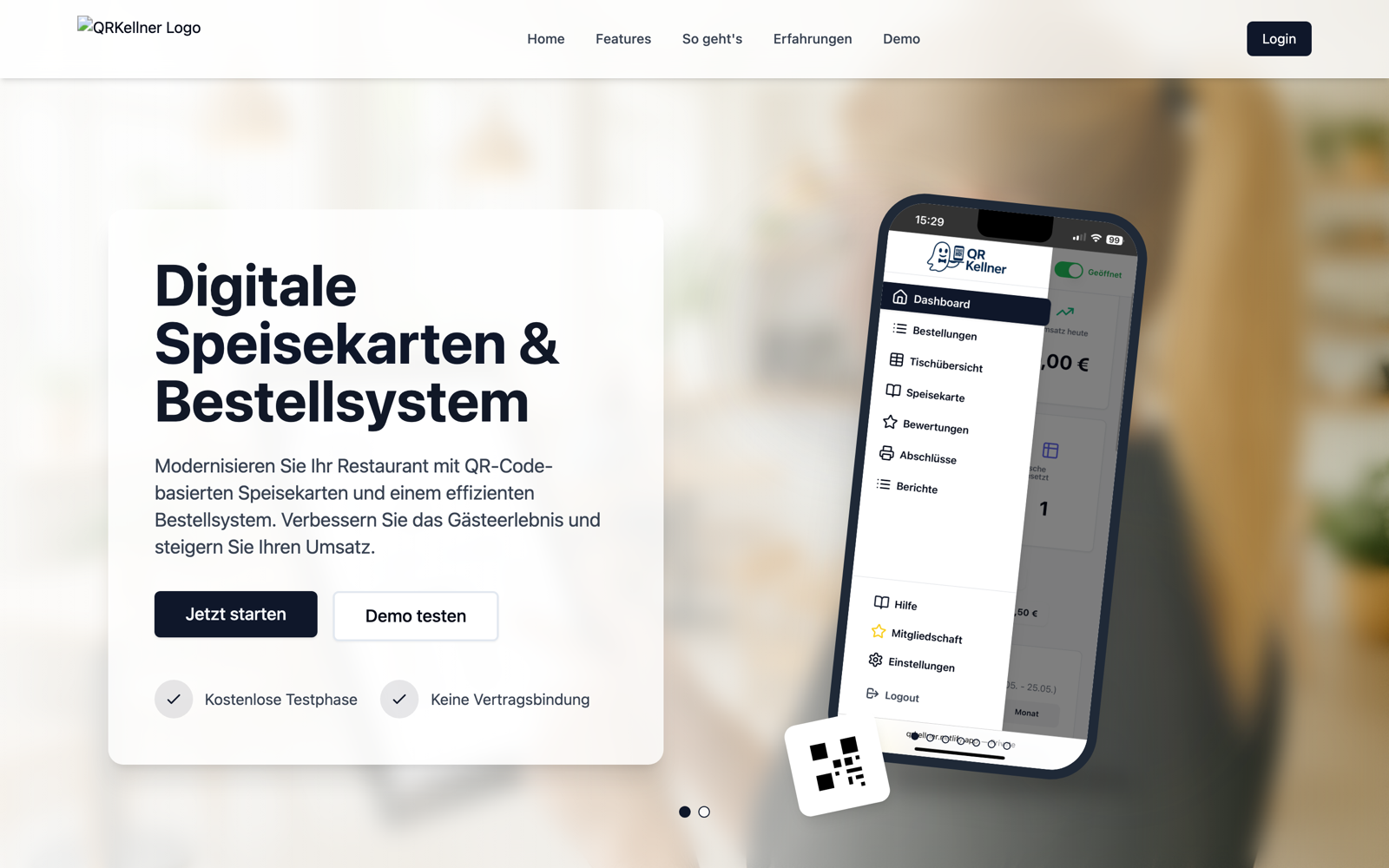Startseite von qrkellner.de live mit dem Bestellsystem im Hero.