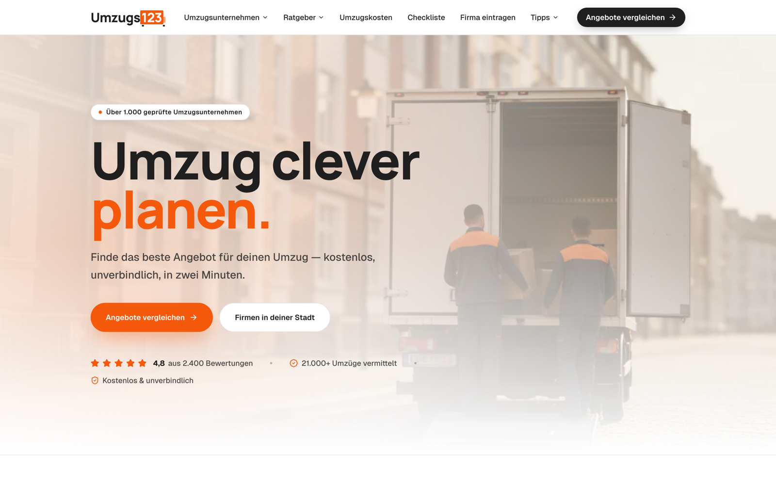 Startseite von umzugs123.de live, oberer Bereich des Portals.