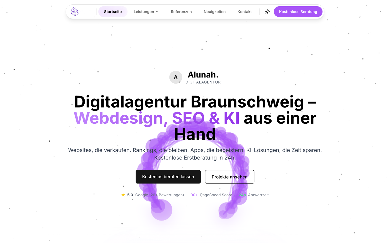 Startseite der Digitalagentur Alunah live, oberer Bereich.