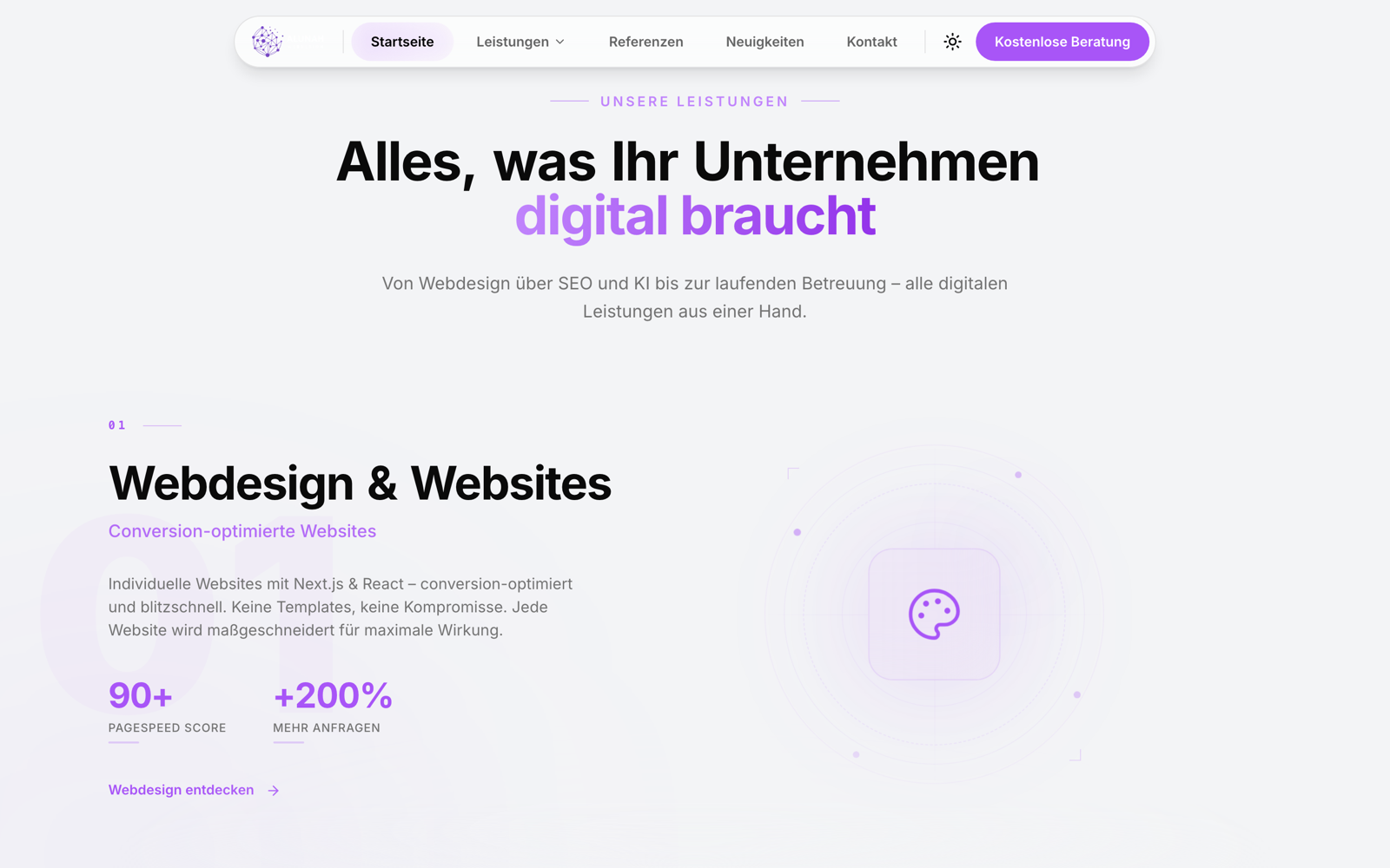 Weiter unten auf alunah.de: der Leistungsbereich der Agentur mit dem ersten Block Webdesign und Websites.