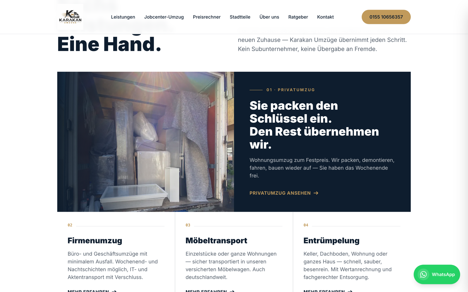 Weiter unten auf karakan-umzuege.de: die Leistungen Privatumzug, Firmenumzug, Möbeltransport und Entrümpelung.