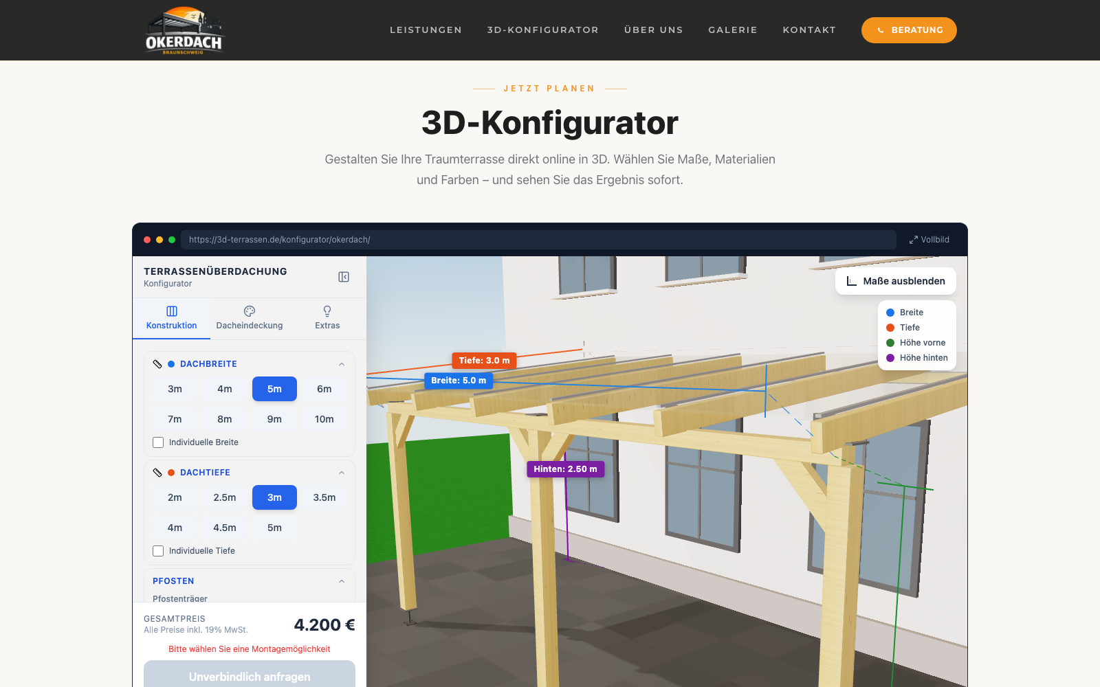 Weiter unten auf okerdach.de: der eingebettete 3D-Konfigurator, in dem Dachbreite, Dachtiefe und Pfosten gewählt werden und der Gesamtpreis mitläuft.