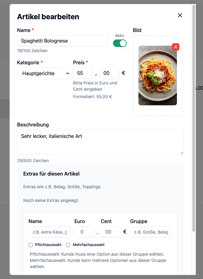 Artikel-Editor der QRKellner Speisekarte mit Preis, Foto, Aktiv-Schalter und Extras-Gruppen (Demo-Daten).