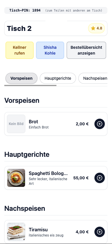 Gast-Ansicht der QRKellner App mit Tisch-PIN, Kellner rufen Button, frei belegbarem Aktions-Button und Speisekarte (Demo-Restaurant).
