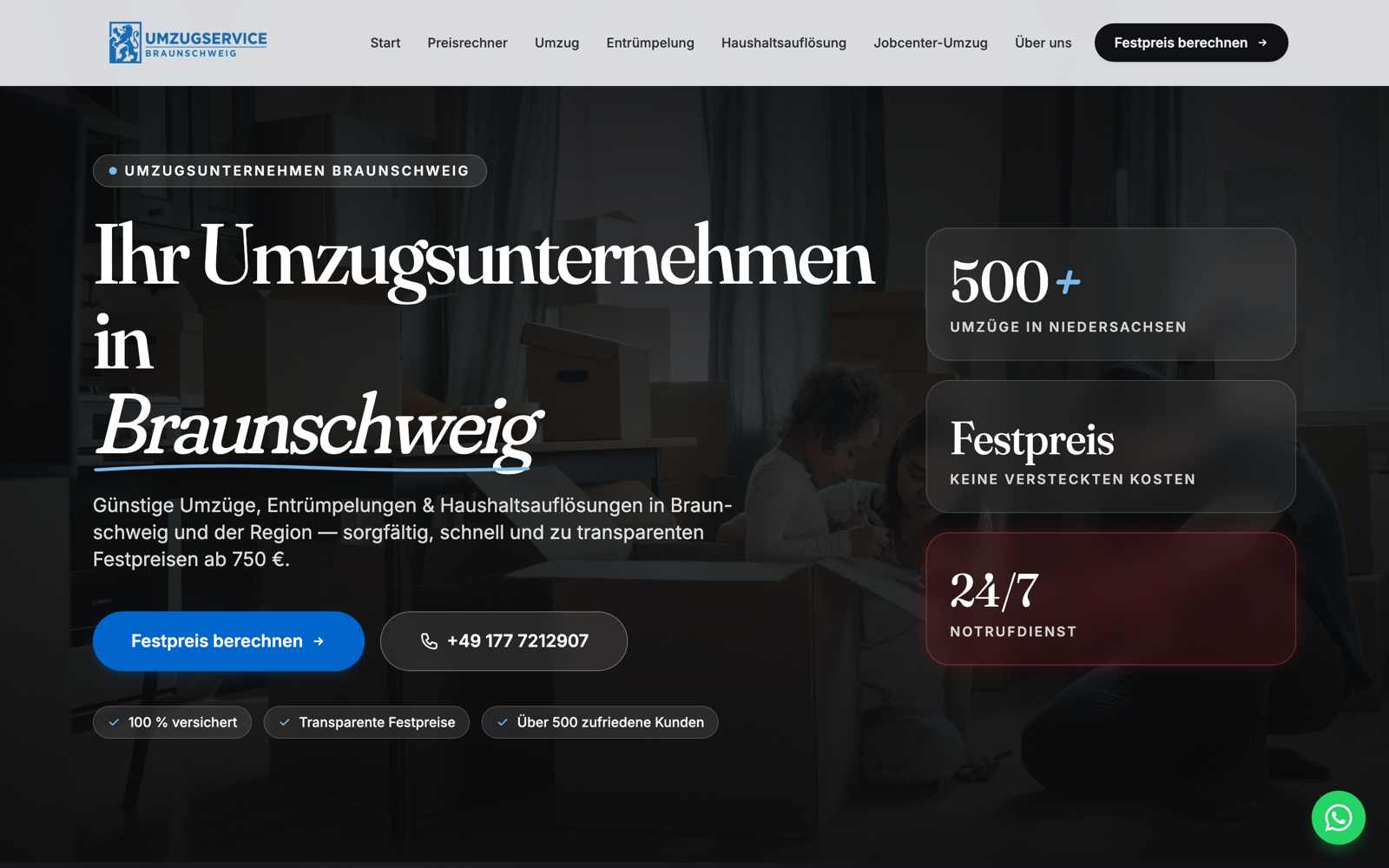Startseite von umzugservice-braunschweig.de live: Hero mit Einstieg in den Preisrechner.