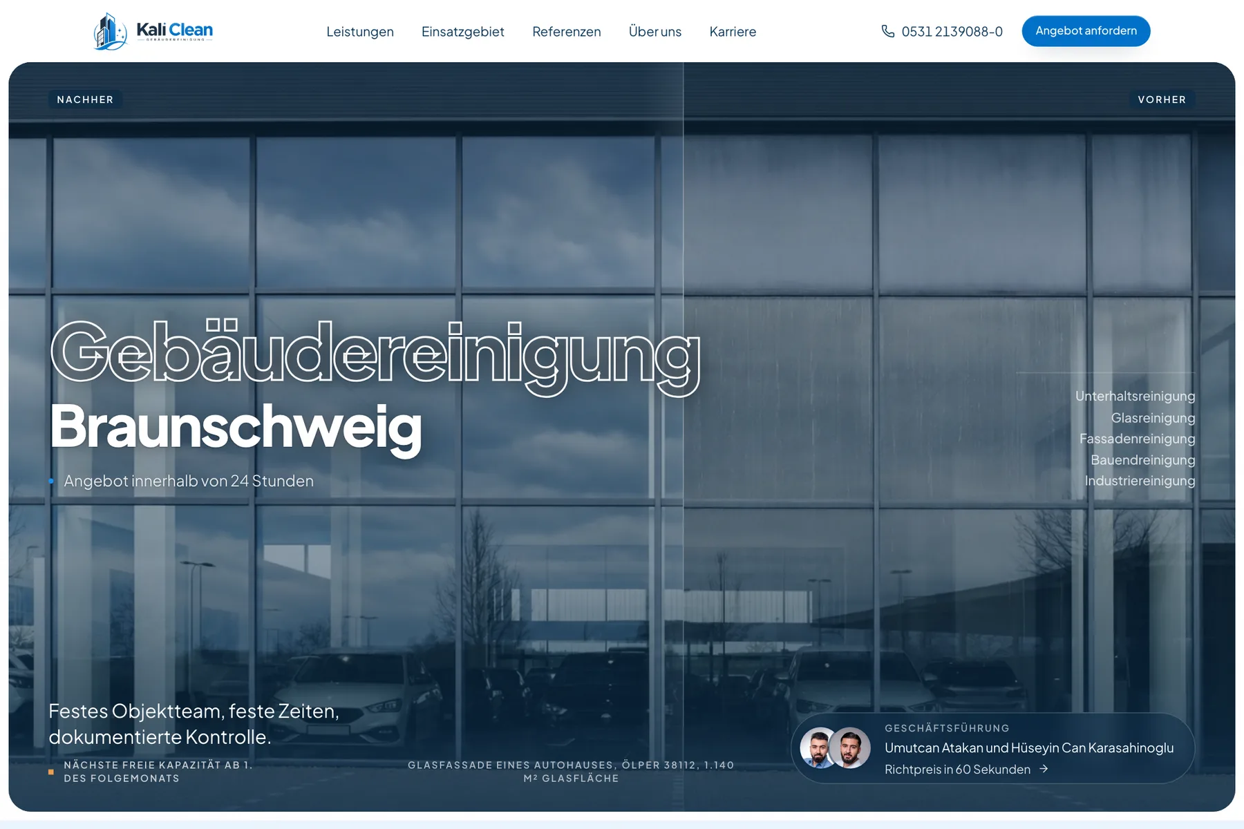 Startseite von kali-clean.de mit Vorher-Nachher-Ansicht einer Glasfassade