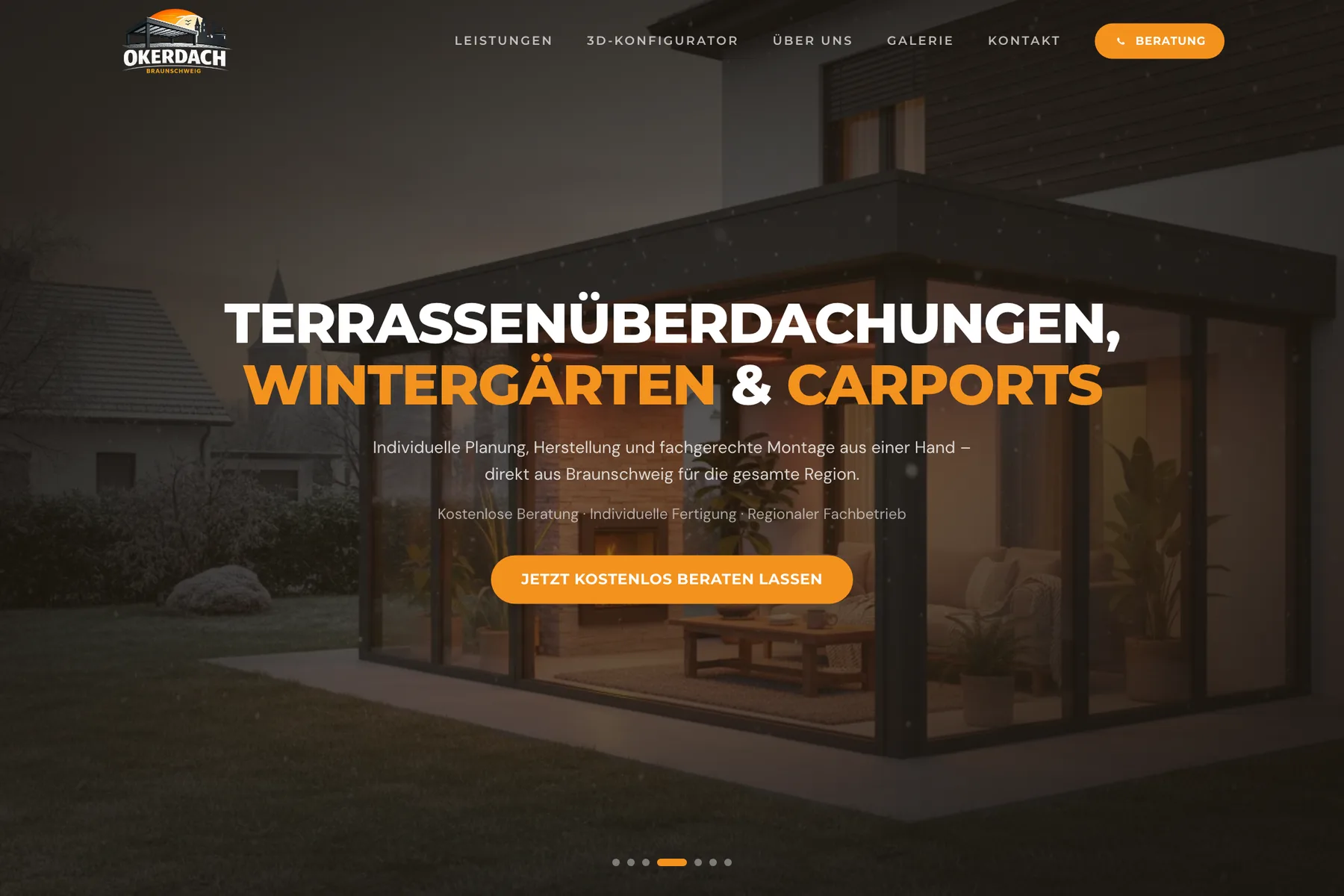 Startseite von okerdach.de mit beleuchtetem Terrassendach