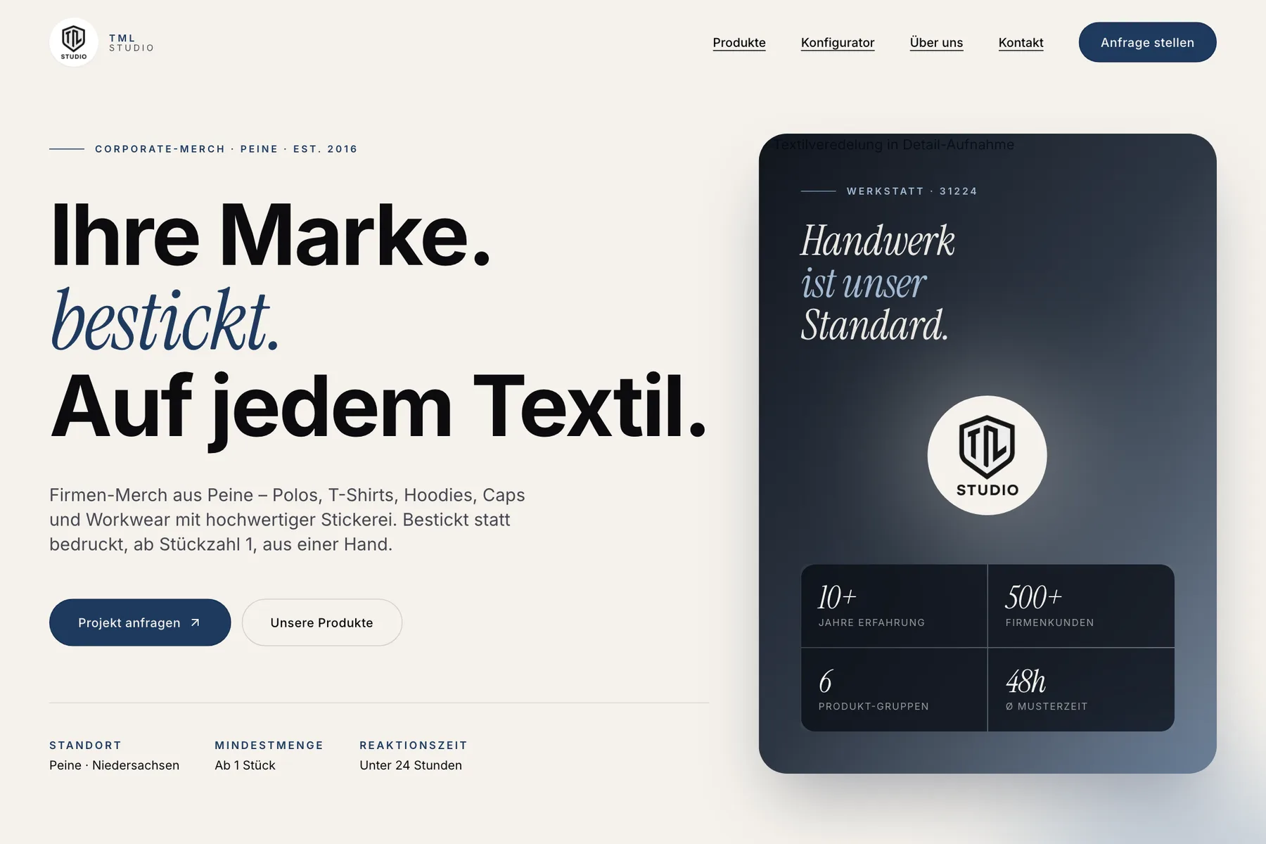 Startseite von TML Studio mit der Überschrift Ihre Marke bestickt auf jedem Textil