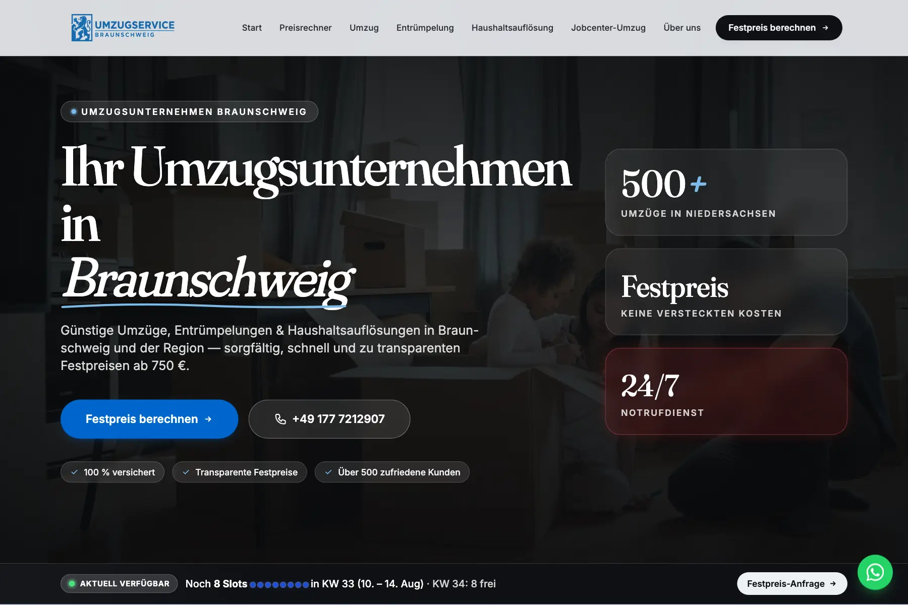 Startseite von umzugservice-braunschweig.de mit der Überschrift Ihr Umzugsunternehmen in Braunschweig